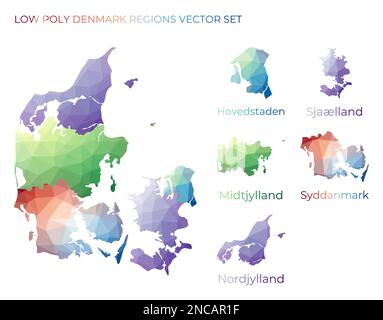 Danish low poly regions. Polygonal map of Denmark with regions. Geometric maps for your design. Attractive vector illustration. Stock Vector