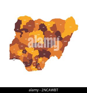Nigeria political map of administrative divisions - states and federal capital territory. Flat vector map with name labels. Brown - orange color scheme. Stock Vector