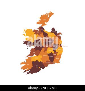 Ireland political map of administrative divisions - counties and cities. Flat vector map with name labels. Brown - orange color scheme. Stock Vector