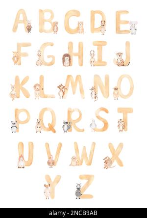 Watercolor hand painted english animal alphabet. Modern trendy lettering elements . ABC symbol, latin print poster. Design for baby wall art. Alphabet Stock Photo