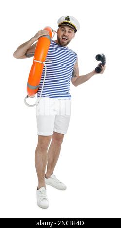 Sailor with binoculars and ring buoy on white background Stock Photo