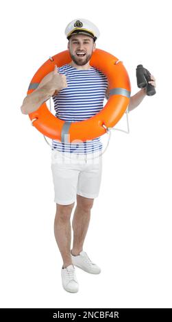 Sailor with binoculars and ring buoy on white background Stock Photo