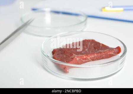 Petri dish with piece of raw cultured meat on white table, closeup Stock Photo