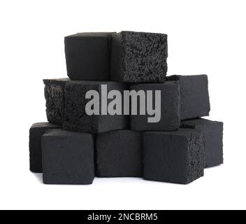 Stack of charcoal cubes for hookah on white background Stock Photo