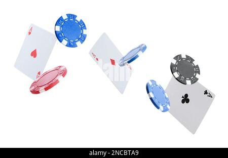 Casino chips and playing cards falling on white background Stock Photo