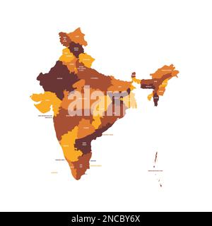India political map of administrative divisions - states and union teritorries. Flat vector map with name labels. Brown - orange color scheme. Stock Vector