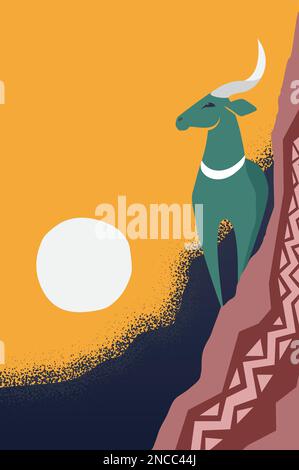 Safari mountain goat portrait. African style decorative wall ornament vector cartoon illustration Stock Vector