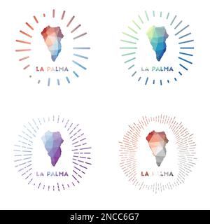 La Palma low poly sunburst set. Logo of island in geometric polygonal style. Vector illustration. Stock Vector