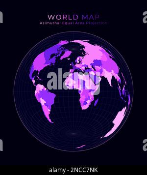 World Map. Lambert azimuthal equal-area projection. Digital world illustration. Bright pink neon colors on dark background. Authentic vector illustrat Stock Vector