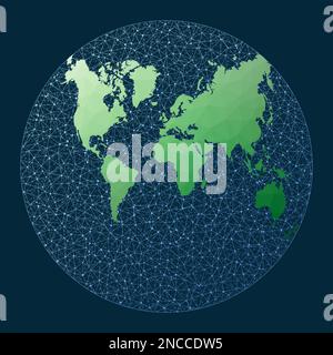 Abstract map of world network. Van Der Grinten 2 projection. Green low poly world map with network background. Radiant connected globe for infographic Stock Vector