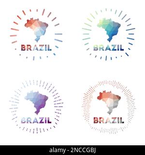 Brazil low poly sunburst set. Logo of country in geometric polygonal style. Vector illustration. Stock Vector