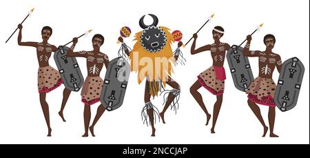 African hunters dancing. Traditional shamanism dance, africa culture, tribal people vector cartoon illustration Stock Vector