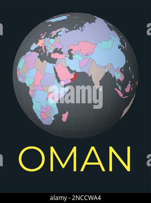World map centered on Oman. Red country highlighted. Satellite world view centered on the country with name. Vector Illustration. Stock Vector