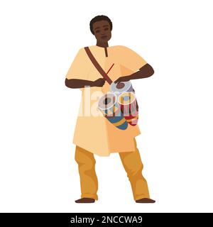African man with drums. Africa traditional music and dancing party vector cartoon illustration Stock Vector