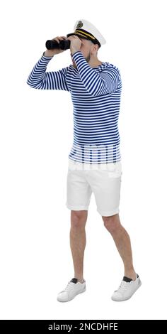 Sailor looking through binoculars on white background Stock Photo