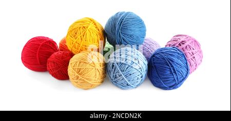 Soft colorful woolen yarns on white background Stock Photo