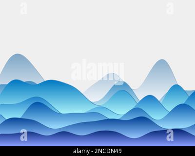 Abstract mountains background. Curved layers in blue colors. Papercut style hills. Astonishing vector illustration. Stock Vector