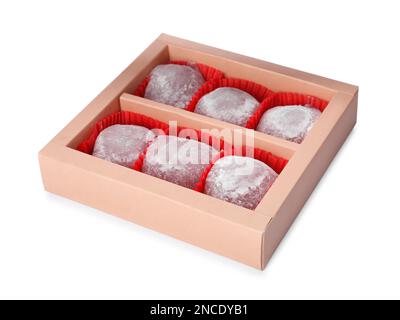 Box with delicious mochi on white background. Traditional Japanese dessert Stock Photo