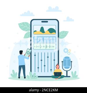Sound editing mobile app vector illustration. Cartoon tiny people edit digital sound with editor application on phone screen, move sliders of visual interface and mix audio waves of music or voice Stock Vector