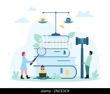 Law and justice, judicial service vector illustration. Cartoon tiny people holding symbols of legal government court, magnifying glass and judges gavel, lawyers books and balance scale of judgment Stock Vector