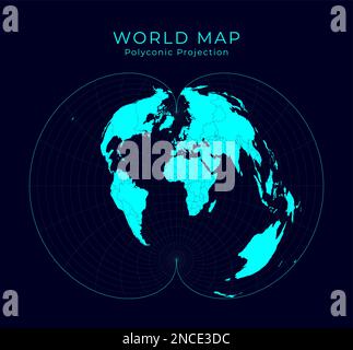 Map of the World. American polyconic projection. Futuristic infographic world illustration. Bright cyan colors on dark background. Stock Vector