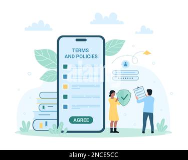 Digital agreement, privacy policy vector illustration. Cartoon tiny people use security shield to protect private data of account and document, review and accept terms and conditions with agree button Stock Vector