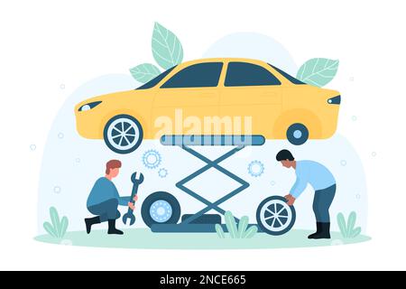 Car tire service vector illustration. Cartoon tiny people from maintenance center change wheel and tyre with mechanic tools, workers characters lift vehicle in garage workshop for car inspection Stock Vector