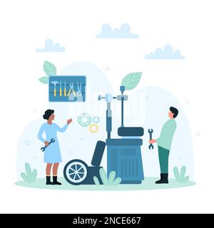 Car tire service vector illustration. Cartoon tiny people assembly or disassembly automobiles wheel with mechanic tools and equipment of auto garage, worker characters replace winter or used tyre Stock Vector