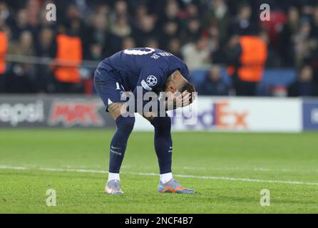 Paris, France. 14th Feb, 2023. Paris Saint-Germain's Neymar reacts during the first leg of the UEFA Champions League round of 16 football match between Paris Saint-Germain (PSG) and FC Bayern Munich at the Parc des Princes stadium in Paris on Feb. 14, 2023. Credit: Gao Jing/Xinhua/Alamy Live News Stock Photo