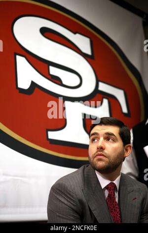 San Francisco 49ers President Jed York listens to Defensive line coach Jim  Tomsula, who was promoted to serve as interim head coach, during a press  conference at the 49ers headquarters on Monday