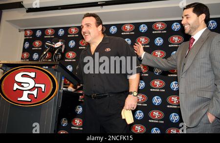 San Francisco 49ers President Jed York listens to Defensive line coach Jim  Tomsula, who was promoted to serve as interim head coach, during a press  conference at the 49ers headquarters on Monday