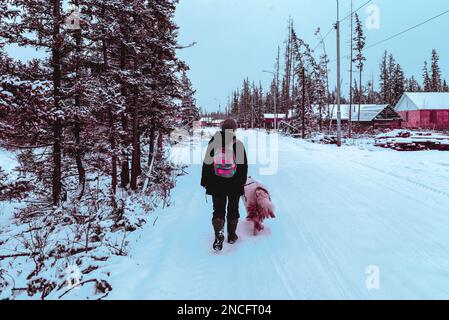 Abstract cyberpunk style photo of a girl walking with a white dog in the snow on a village road in Yakutia near the forest. Stock Photo