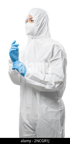 Worker wears medical protective suit or white coverall suit with mask and goggles isolated on white background Stock Photo