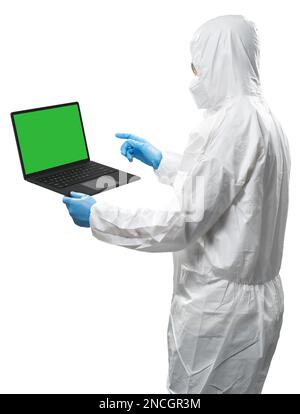 Worker wears medical protective suit or white coverall suit with blank screen laptop isolated on white background Stock Photo