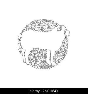 Continuous one curve line drawing of funny sheep abstract art in circle. Single line editable stroke vector illustration of adorable sheep Stock Vector