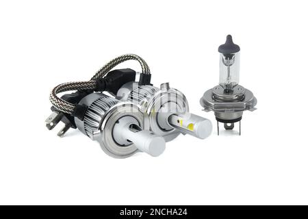 H4 halogen lamp and LED headlight bulbs isolated on white background, vehicles parts and replacement Stock Photo