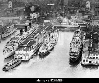 A U.S. battleship in the Hudson River, New York, is shown in this ...