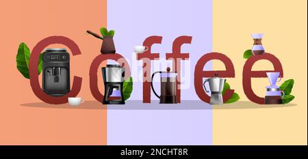 Flat style typography poster with automatic and manual coffee equipment on three color background vector illustration Stock Vector