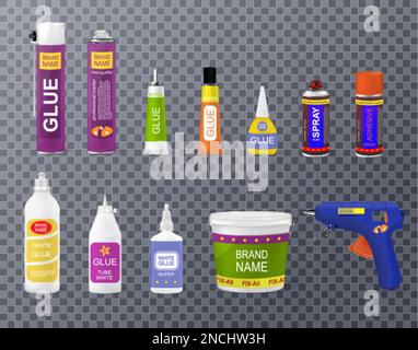 Various types of glue bottles sticks containers with gun realistic set isolated on transparent background vector illustration Stock Vector