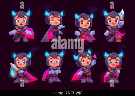 Cartoon set of cute knight character in different poses isolated on black background. Vector illustration of brave, scared, romantic hero in cloak, helmet with neon shield and sword, presenting flower Stock Vector