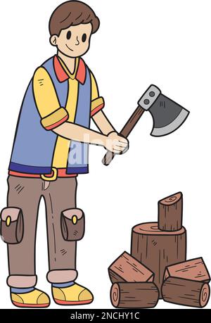 Hand Drawn man chopping firewood illustration in doodle style isolated on background Stock Vector