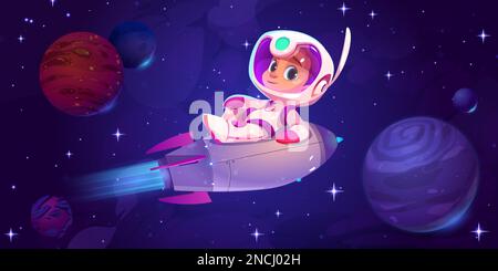 Cute cartoon astronaut flying on rocket in space. Vector illustration of boy in cosmonaut suit lying on spaceship moving by alien planets and stars against dark sky background. Astronomy science Stock Vector