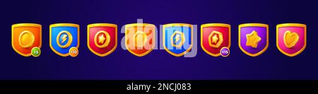 Cartoon set of shield game badges isolated on background. Vector illustration of gui rank emblems with star, coin, heart, lightning icons in golden frame. Award rating symbols. Mobile app design Stock Vector