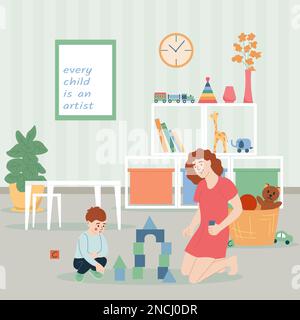 Child psycologist flat concept with boy playing with psychotherapist indoors vector illustration Stock Vector