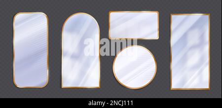 Set of isolated realistic mirror with gold frame on transparent background. Vector light reflection on glass surface. Cosmetic mockup interior pack in different shapes with modern furniture. Stock Vector