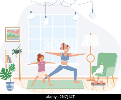 Family morning routine flat composition with mom and daughter doing fitness indoors vector illustration Stock Vector