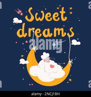 Cartoon moon flat cartoon postcard with sleepy sheep vector illustration Stock Vector