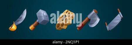 Cartoon set of game weapon or tools isolated on background. Vector illustration of medieval sharp iron knife or steel sword, saw , hammer and axe with wooden handles, brass knuckles. Stock Vector