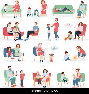 Child psychologist flat icons set with kids psychological counselling scenes isolated vector illustration Stock Vector