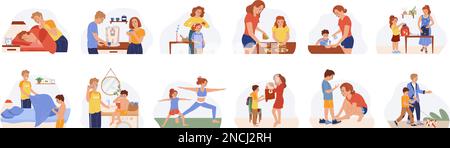 Family morning routine flat icons set  with parents and kids preparing for work and school isolated vector illustration Stock Vector